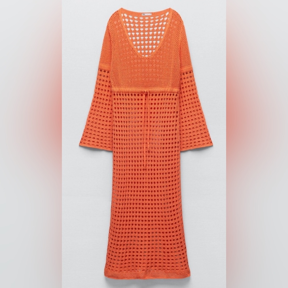 Zara Crochet Open Knit Maxi Dress Swim Coverup Orange Vacation Beachy Size Small - Picture 13 of 13